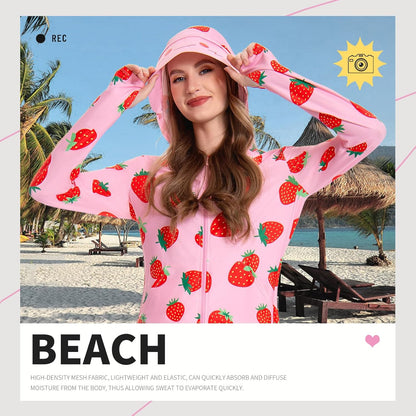 OLAOLA Women UPF 50+ Strawberry Sun Protection Jacket Sunscreen Hoodie Long Sleeve Quick Dry Hiking Outdoor Swim Cover