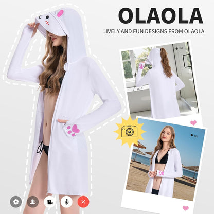 OLAOLA Women's UPF 50+ White Rabbit Swim Beach Cover Up Sun Protection Hoodie Long Jacket Sunscreen Shirt Hiking Outdoor