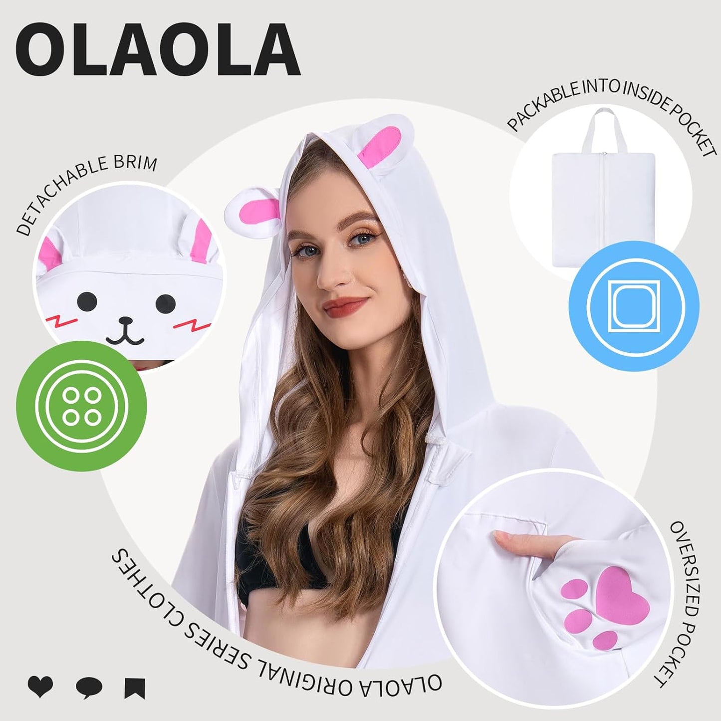 OLAOLA Women's UPF 50+ White Rabbit Swim Beach Cover Up Sun Protection Hoodie Long Jacket Sunscreen Shirt Hiking Outdoor