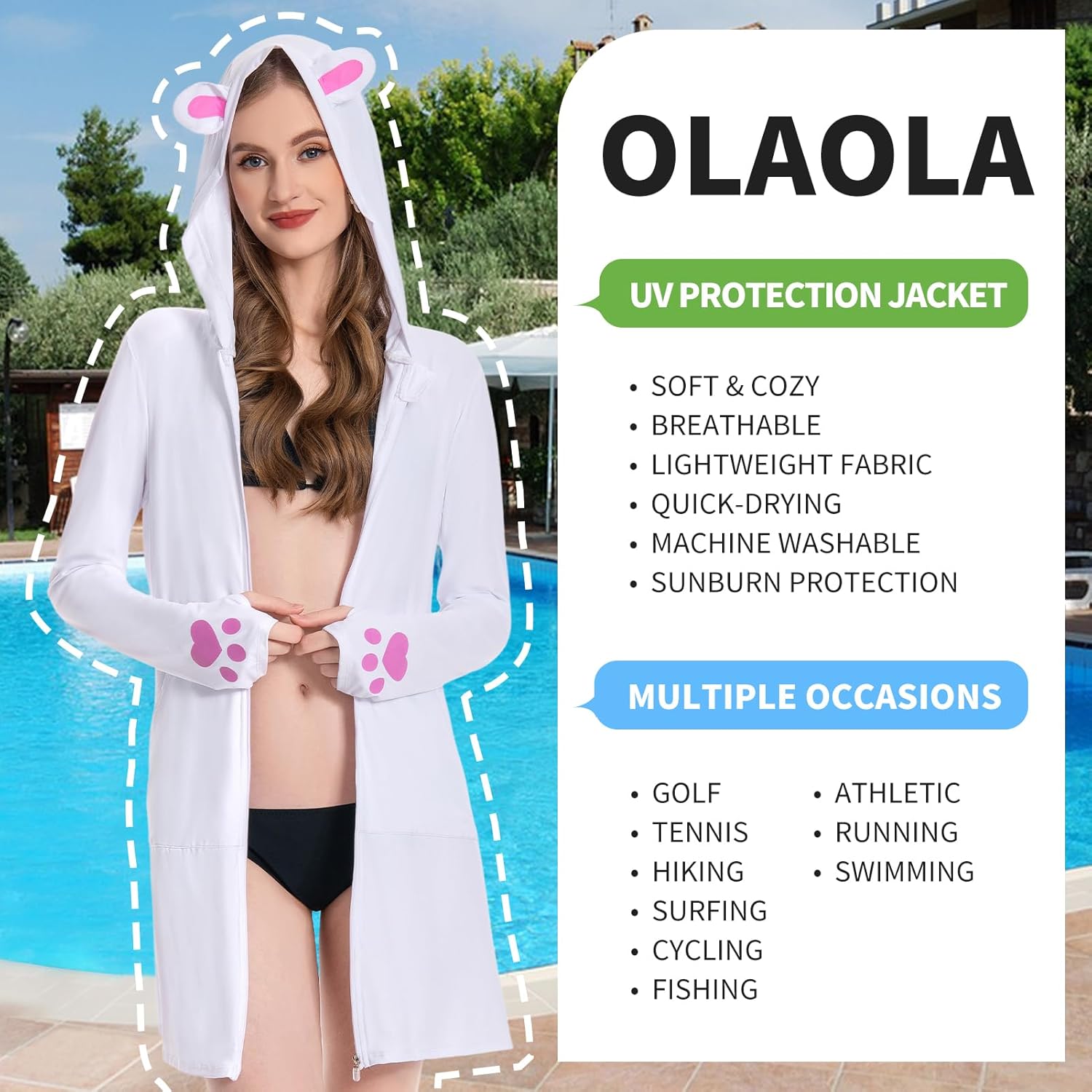 OLAOLA Women's UPF 50+ White Rabbit Swim Beach Cover Up Sun Protection Hoodie Long Jacket Sunscreen Shirt Hiking Outdoor