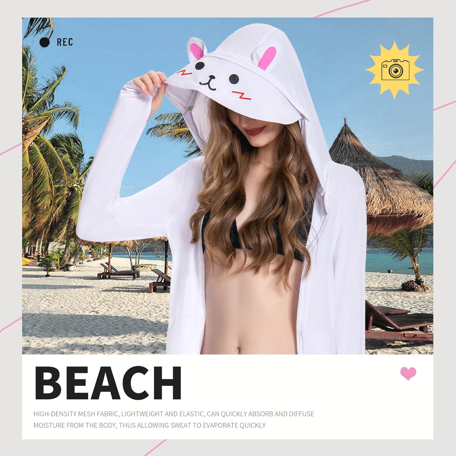 OLAOLA Women's UPF 50+ White Rabbit Swim Beach Cover Up Sun Protection Hoodie Long Jacket Sunscreen Shirt Hiking Outdoor