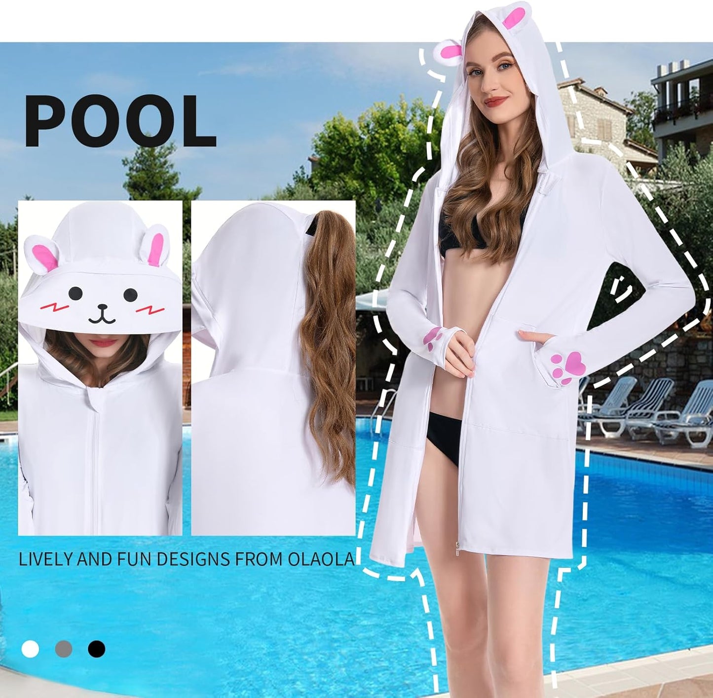 OLAOLA Women's UPF 50+ White Rabbit Swim Beach Cover Up Sun Protection Hoodie Long Jacket Sunscreen Shirt Hiking Outdoor