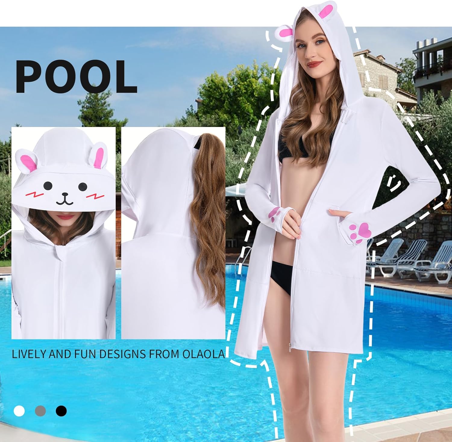 OLAOLA Women's UPF 50+ White Rabbit Swim Beach Cover Up Sun Protection Hoodie Long Jacket Sunscreen Shirt Hiking Outdoor