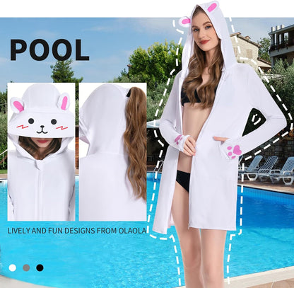 OLAOLA Women's UPF 50+ White Rabbit Swim Beach Cover Up Sun Protection Hoodie Long Jacket Sunscreen Shirt Hiking Outdoor