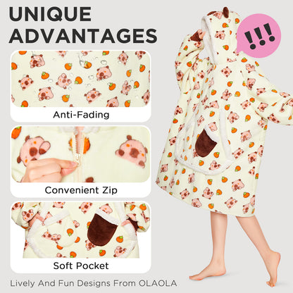 OLAOLA Yellow Capybara Kawaii Printed Wearable Blanket Hoodie Animals Onesie Oversized Soft Homewear With Giant Pocket For Adult