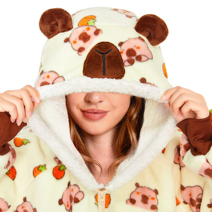 OLAOLA Yellow Capybara Kawaii Printed Wearable Blanket Hoodie Animals Onesie Oversized Soft Homwear With Giant Pocket For Adult