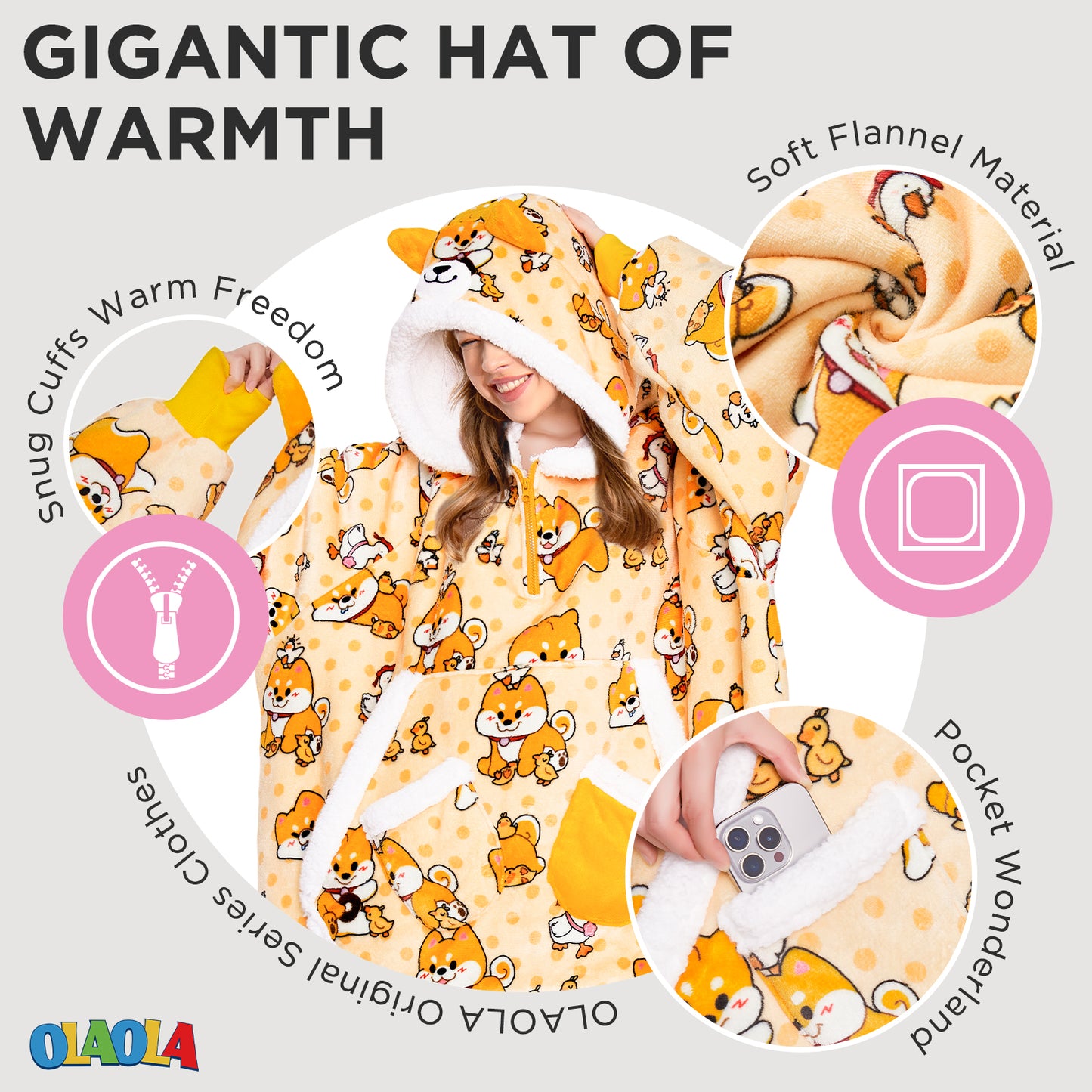 OLAOLA Yellow Dog Wearable Blanket Hoodie Shiba Inu Animals Onesie Oversized Soft Homewear With Giant Pocket For Adult