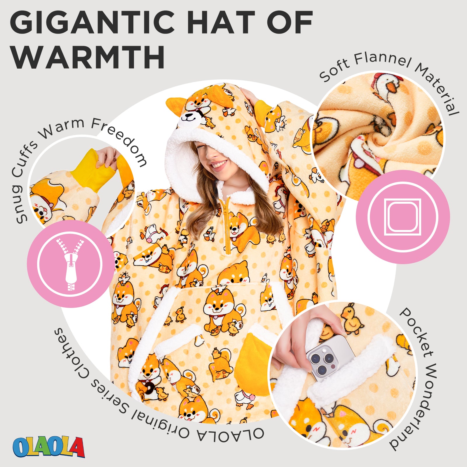 OLAOLA Yellow Dog Wearable Blanket Hoodie Shiba Inu Animals Onesie Oversized Soft Homewear With Giant Pocket For Adult