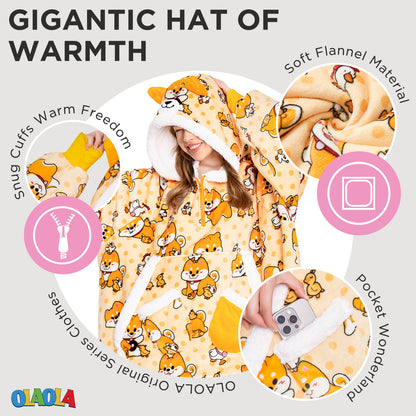 OLAOLA Yellow Dog Wearable Blanket Hoodie Shiba Inu Animals Onesie Oversized Soft Homewear With Giant Pocket For Adult