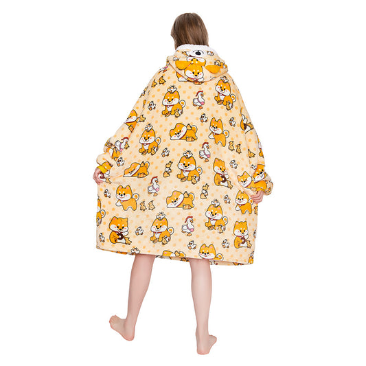 OLAOLA Yellow Dog Wearable Blanket Hoodie Shiba Inu Animals Onesie Oversized Soft Homwear With Giant Pocket For Adult