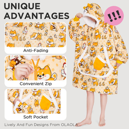 OLAOLA Yellow Dog Wearable Blanket Hoodie Shiba Inu Animals Onesie Oversized Soft Homewear With Giant Pocket For Adult