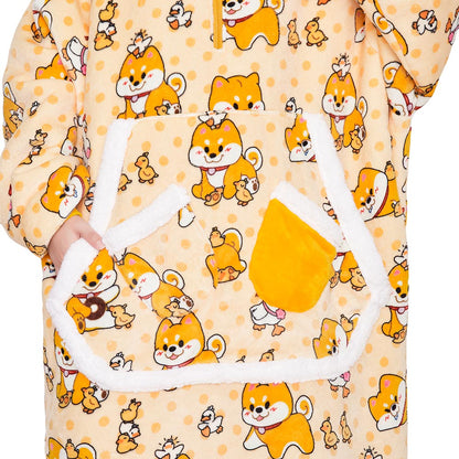 OLAOLA Yellow Dog Wearable Blanket Hoodie Shiba Inu Animals Onesie Oversized Soft Homwear With Giant Pocket For Adult