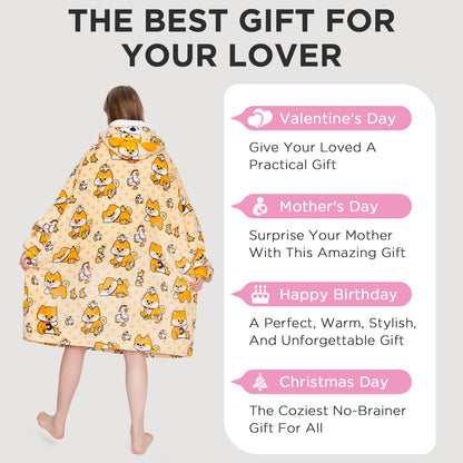 OLAOLA Yellow Dog Wearable Blanket Hoodie Shiba Inu Animals Onesie Oversized Soft Homewear With Giant Pocket For Adult