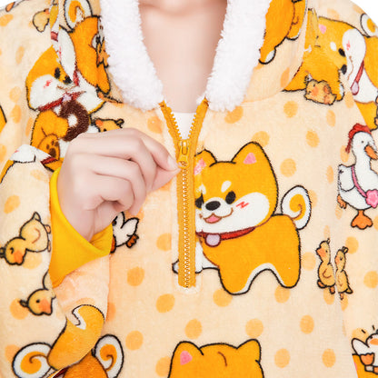 OLAOLA Yellow Dog Wearable Blanket Hoodie Shiba Inu Animals Onesie Oversized Soft Homwear With Giant Pocket For Adult