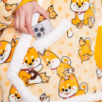 OLAOLA Yellow Dog Wearable Blanket Hoodie Shiba Inu Animals Onesie Oversized Soft Homwear With Giant Pocket For Adult