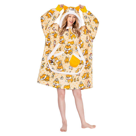 OLAOLA Yellow Dog Wearable Blanket Hoodie Shiba Inu Animals Onesie Oversized Soft Homwear With Giant Pocket For Adult