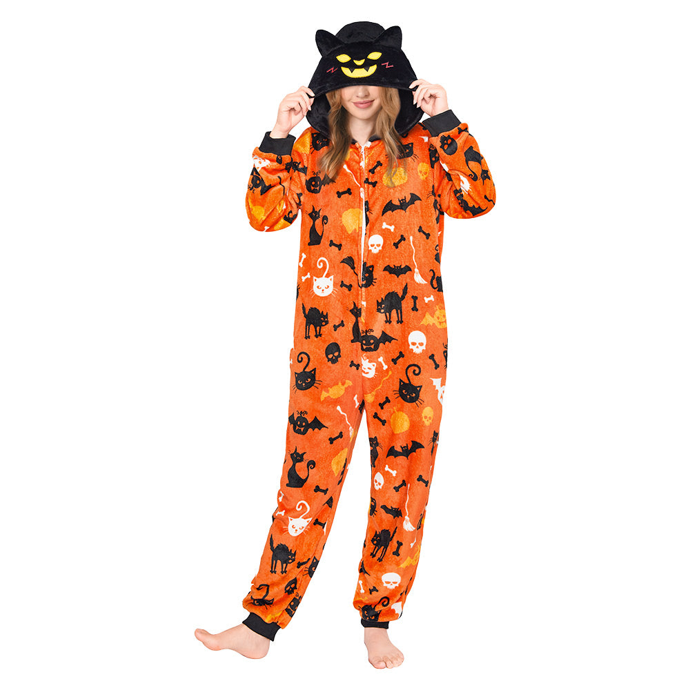 OLAOLA Yellow Printed Cat Pajamas Plush Animals Onesie Adult Soft Sleepwear Halloween Carnival Suit