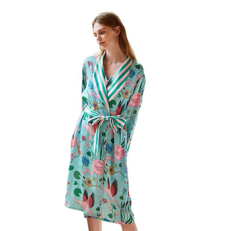 Women's Blue Flamingo Animal Sleepwear Satin Nightgown Bride Robes Camisole 2 Piece Set Kimono Cami Nightwear Pajamas