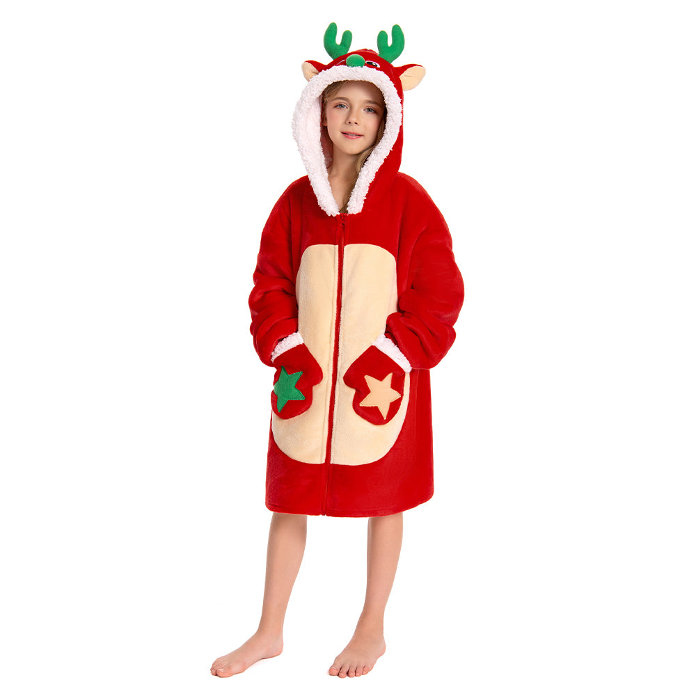  Kids OLAOLA Zipper Red Reindeer ​Children Wearable Blanket Hoodie Animals Onesie Oversized Soft Christmas Homewear 