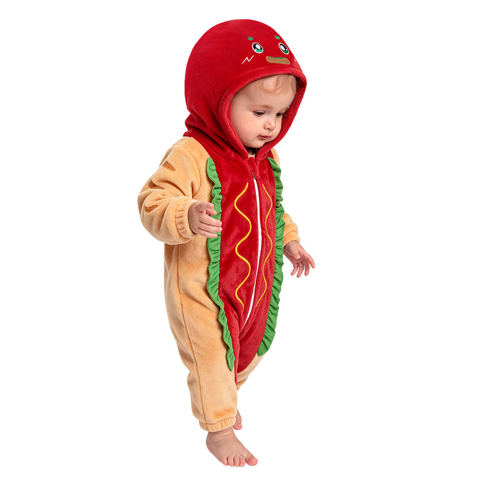 OLAOLA Baby Hot Dog Infant Jumpsuit Animal Costume Unisex Toddler Onesie Soft Cozy Flannel Halloween Cosplay Romper 