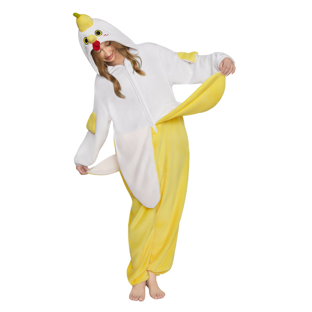 OLAOLA Banana Chicken Animal Onesie Cozy ​Flannel Pajamas Plush One Piece Cosplay ​Sleepwear Halloween Christmas Costume