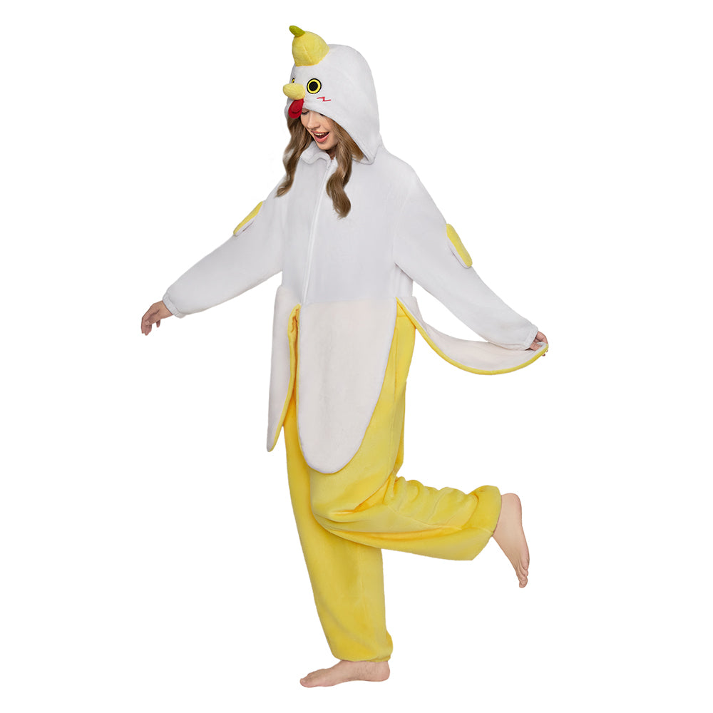OLAOLA Banana Chicken Animal Onesie Cozy ​Flannel Pajamas Plush One Piece Cosplay ​Sleepwear Halloween Christmas Costume