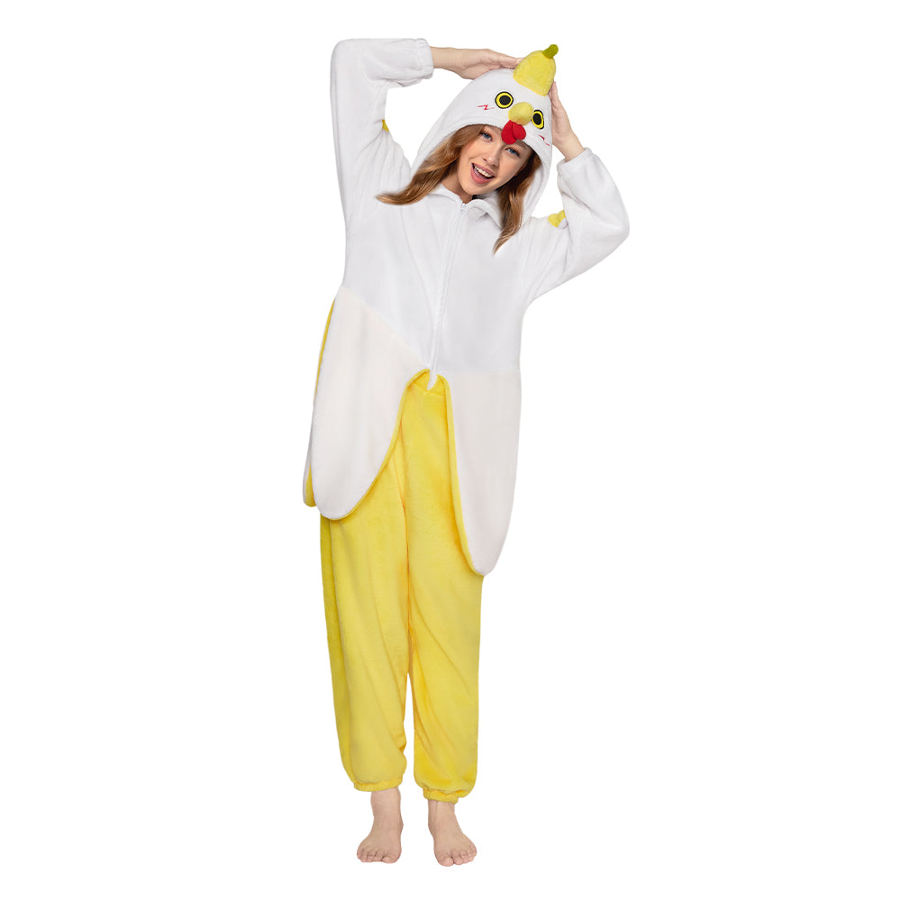 OLAOLA Banana Chicken Animal Onesie Cozy ​Flannel Pajamas Plush One Piece Cosplay ​Sleepwear Halloween Christmas Costume