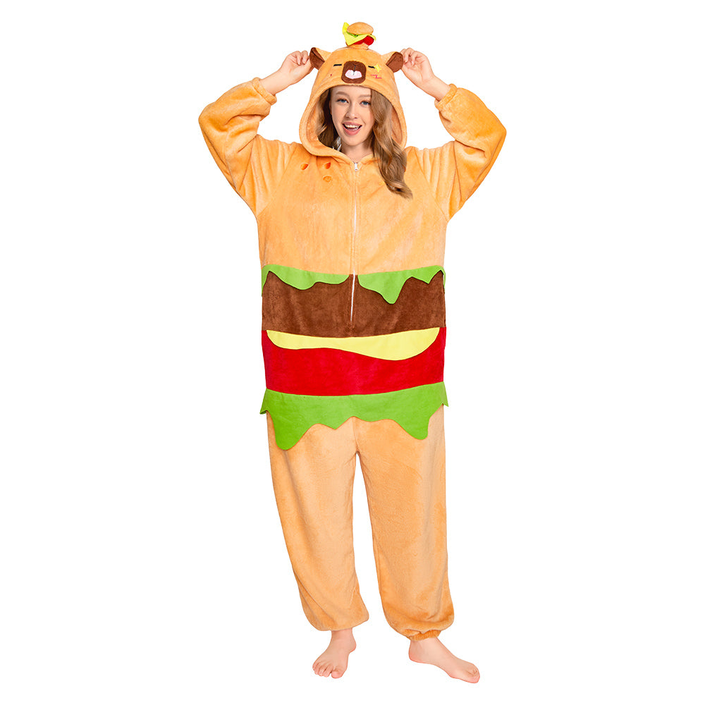 OLAOLA Hamburger Capybara Pajamas Animals Onesie Plush Warm Home One Piece For Adult Unisex Halloween Costume