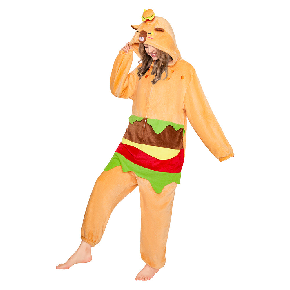 OLAOLA Hamburger Capybara Pajamas Animals Onesie Plush Warm Home One Piece For Adult Unisex Halloween Costume