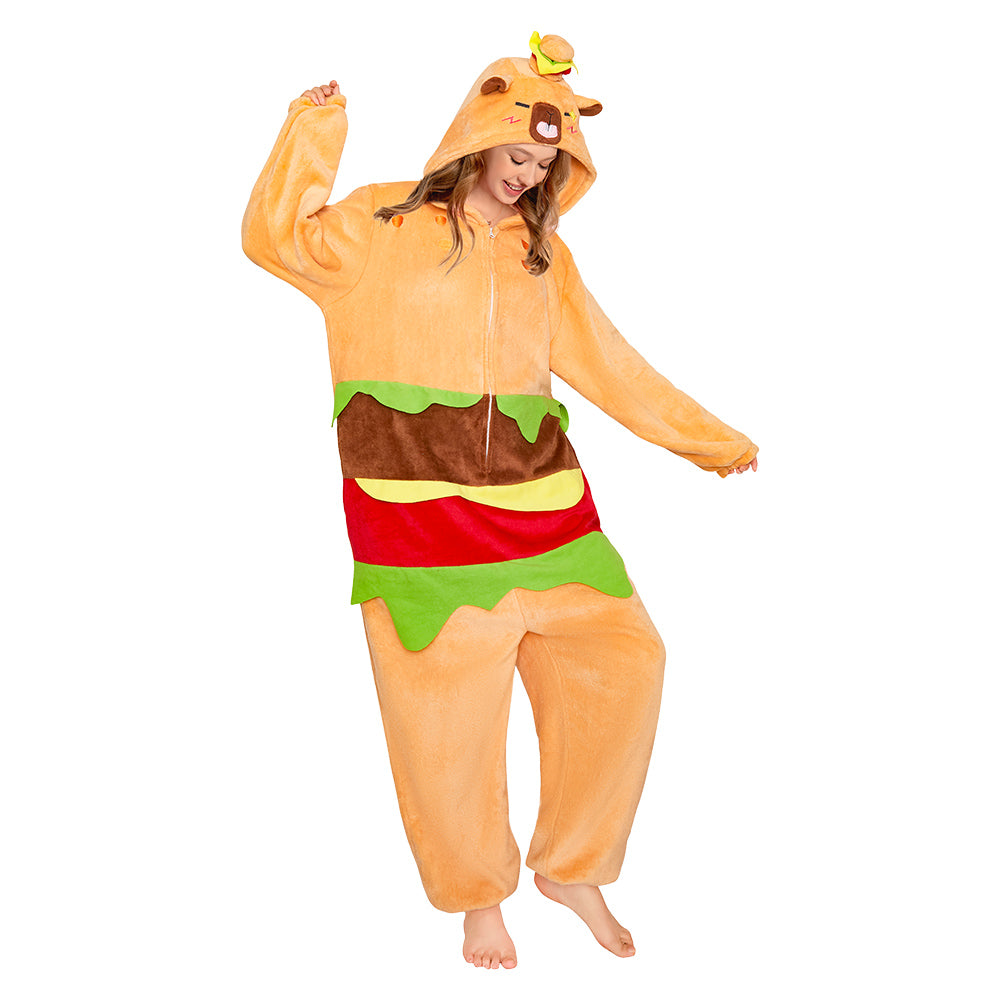 OLAOLA Hamburger Capybara Pajamas Animals Onesie Plush Warm Home One Piece For Adult Unisex Halloween Costume