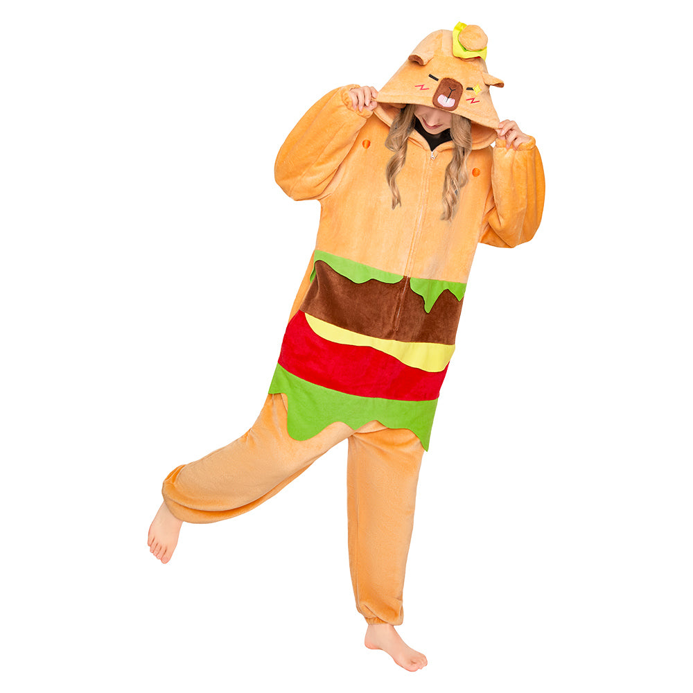 OLAOLA Hamburger Capybara Pajamas Animals Onesie Plush Warm Home One Piece For Adult Unisex Halloween Costume