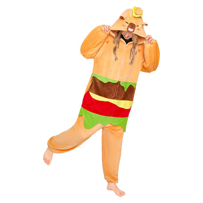 OLAOLA Hamburger Capybara Pajamas Animals Onesie Plush Warm Home One Piece For Adult Unisex Halloween Costume