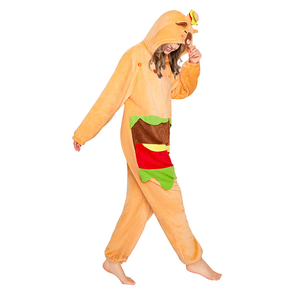 OLAOLA Hamburger Capybara Pajamas Animals Onesie Plush Warm Home One Piece For Adult Unisex Halloween Costume