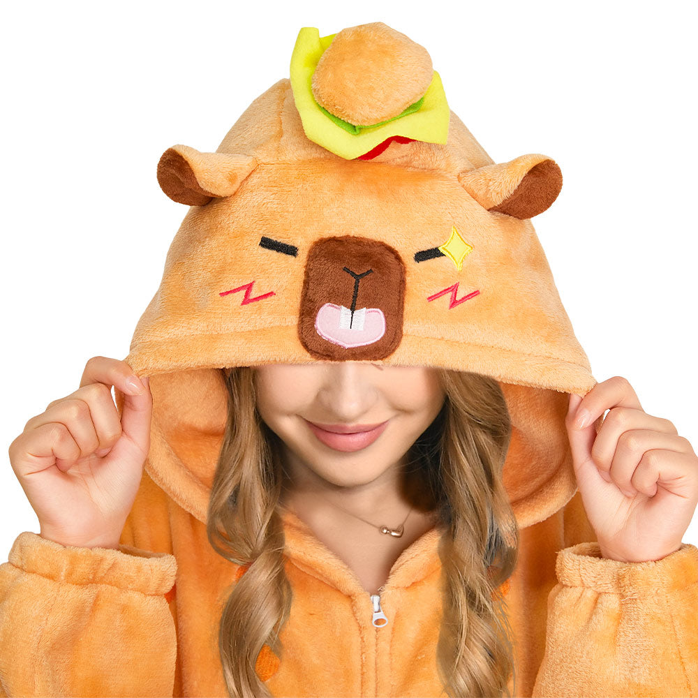 OLAOLA Hamburger Capybara Pajamas Animals Onesie Plush Warm Home One Piece For Adult Unisex Halloween Costume
