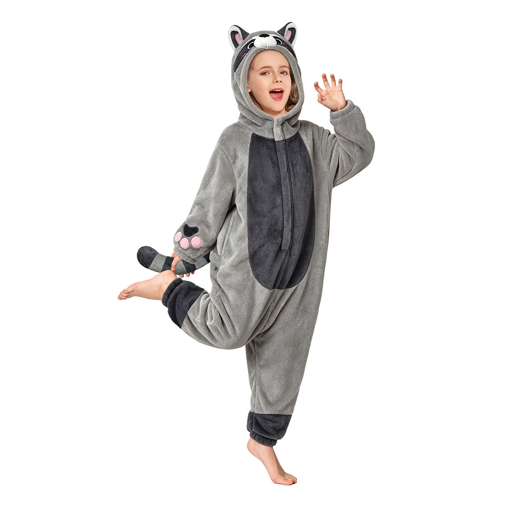   OLAOLA Kids Gray Raccoon Pajamas Animals Onesie Plush Cozy One Piece Sleepwear Halloween Christmas Suit