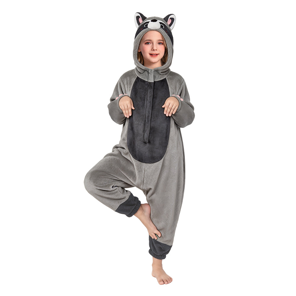   OLAOLA Kids Gray Raccoon Pajamas Animals Onesie Plush Cozy One Piece Sleepwear Halloween Christmas Suit