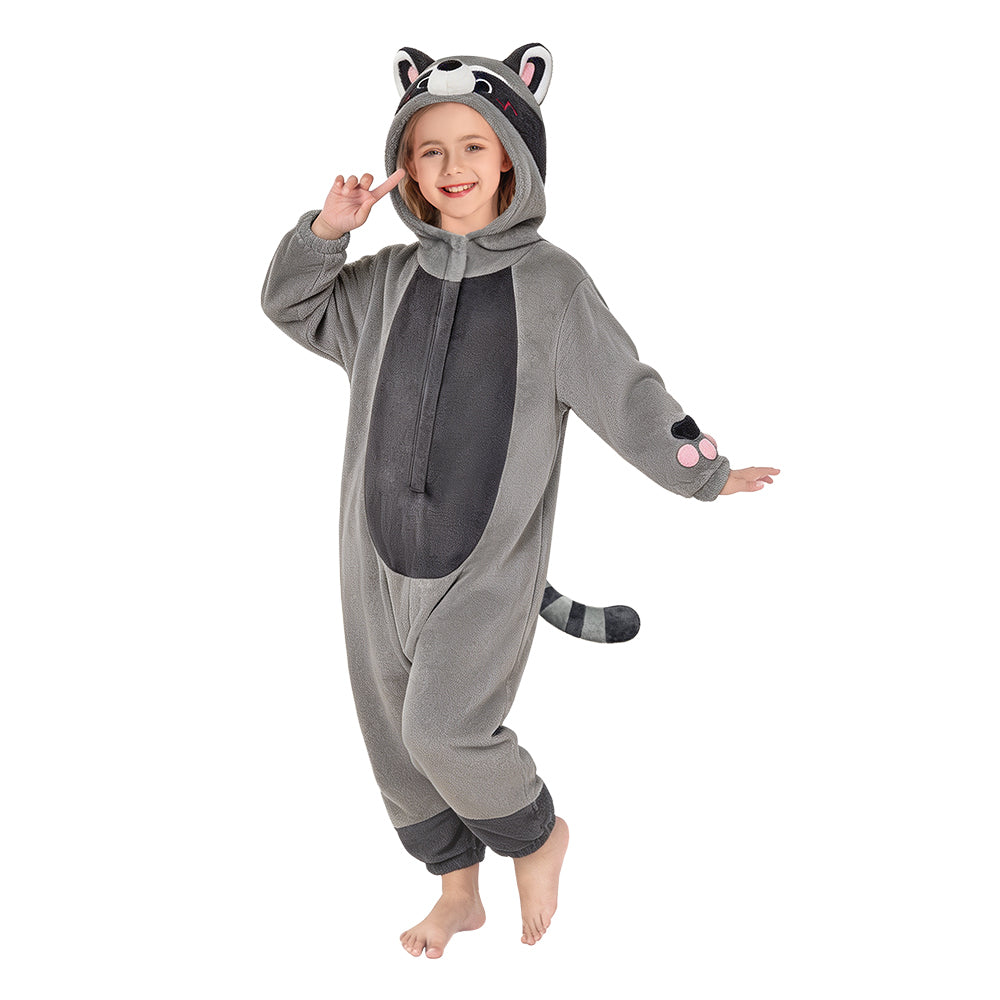   OLAOLA Kids Gray Raccoon Pajamas Animals Onesie Plush Cozy One Piece Sleepwear Halloween Christmas Suit