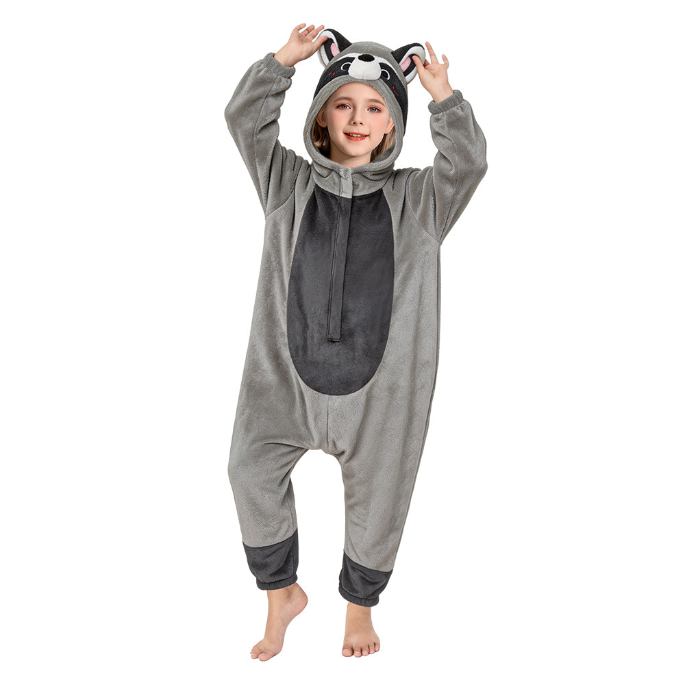   OLAOLA Kids Gray Raccoon Pajamas Animals Onesie Plush Cozy One Piece Sleepwear Halloween Christmas Suit