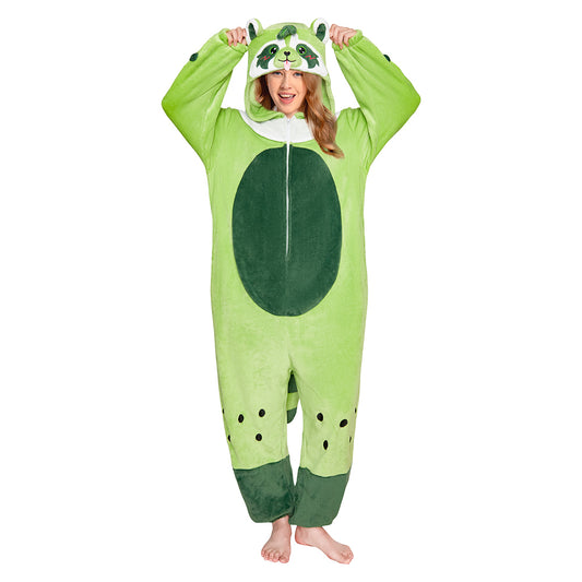 OLAOLA Matcha Boba Raccoon Pajamas Green Animals Onesie Plush Warm Home One Piece For Adult Unisex Halloween Costume