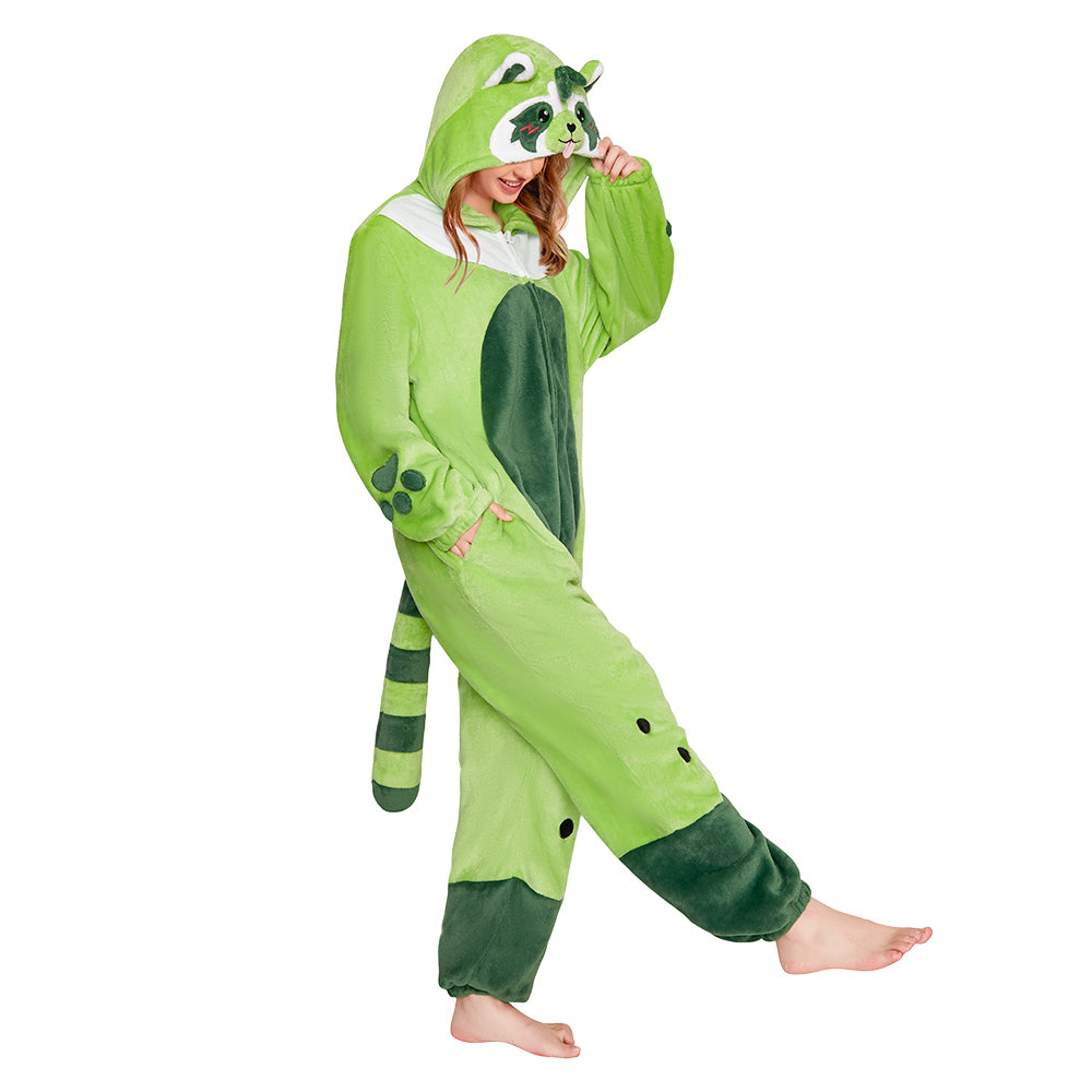 OLAOLA Matcha Boba Raccoon Pajamas Green Animals Onesie Plush Warm Home One Piece For Adult Unisex Halloween Costume
