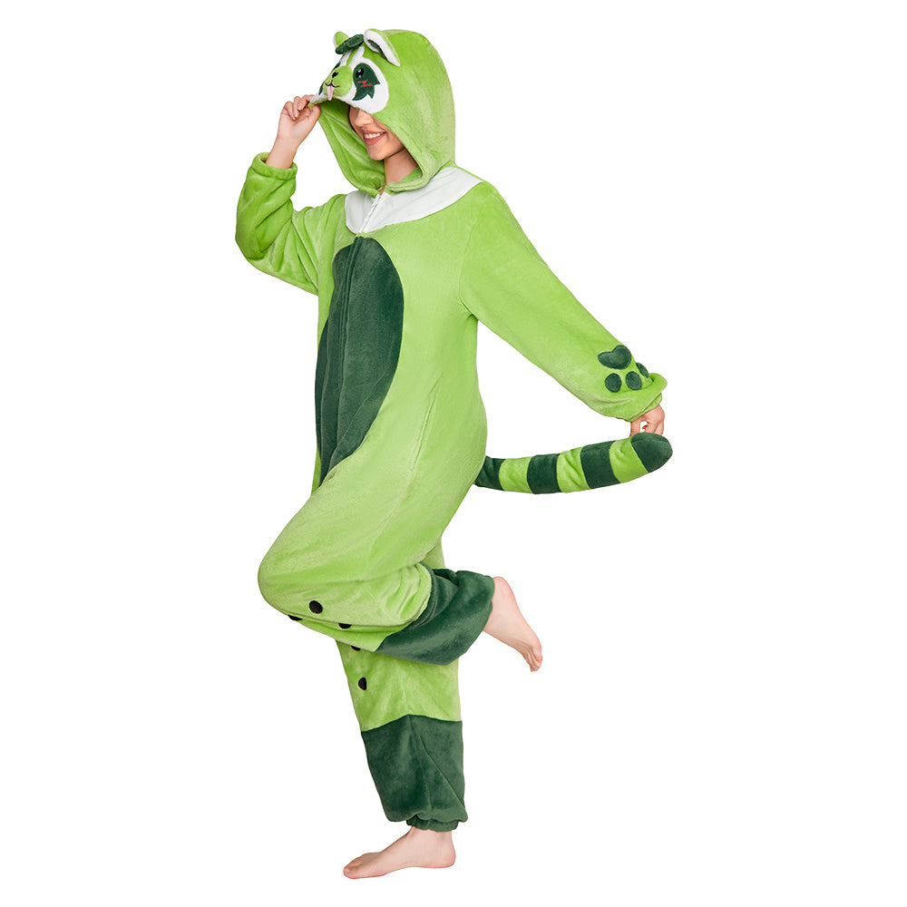 OLAOLA Matcha Boba Raccoon Pajamas Green Animals Onesie Plush Warm Home One Piece For Adult Unisex Halloween Costume
