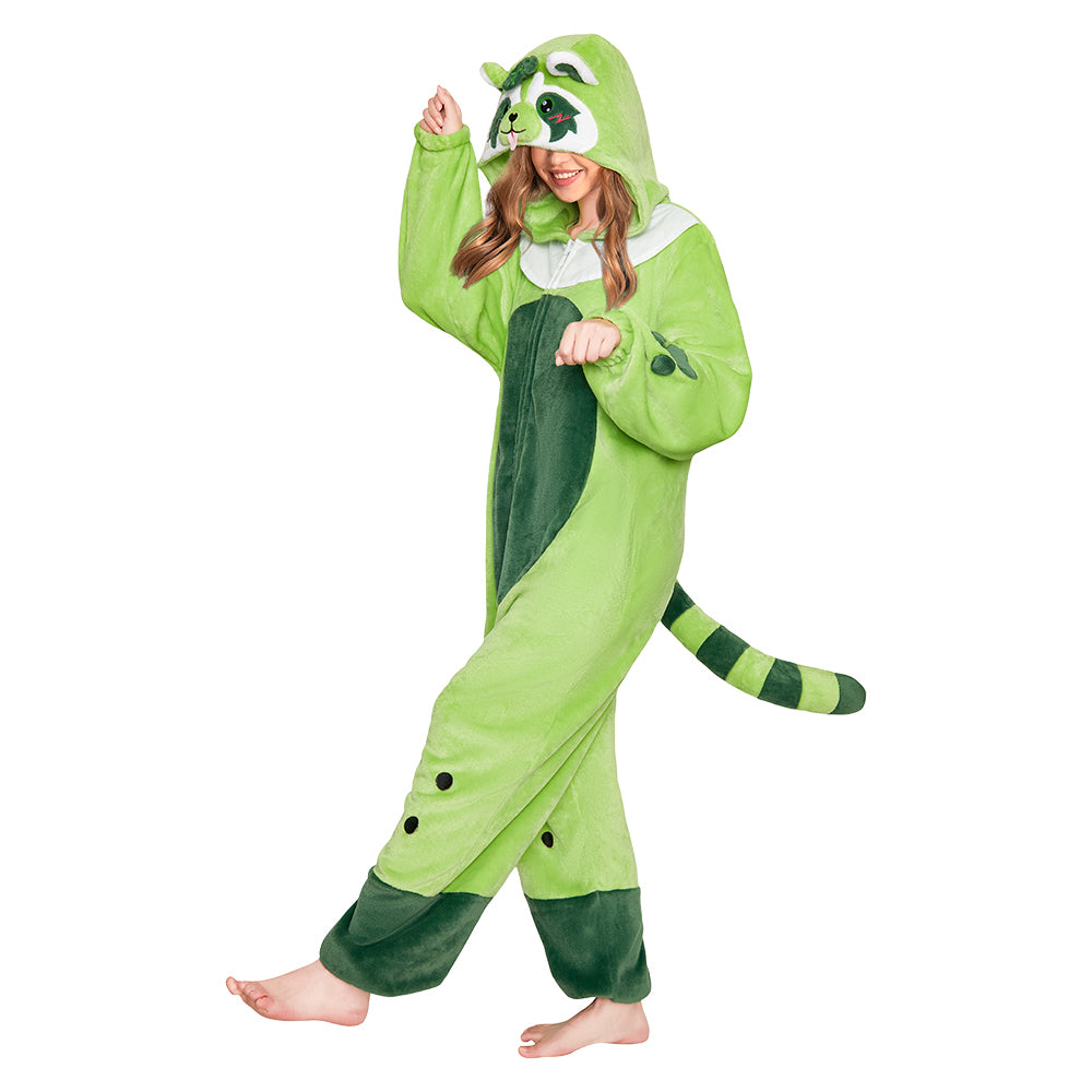 OLAOLA Matcha Boba Raccoon Pajamas Green Animals Onesie Plush Warm Home One Piece For Adult Unisex Halloween Costume