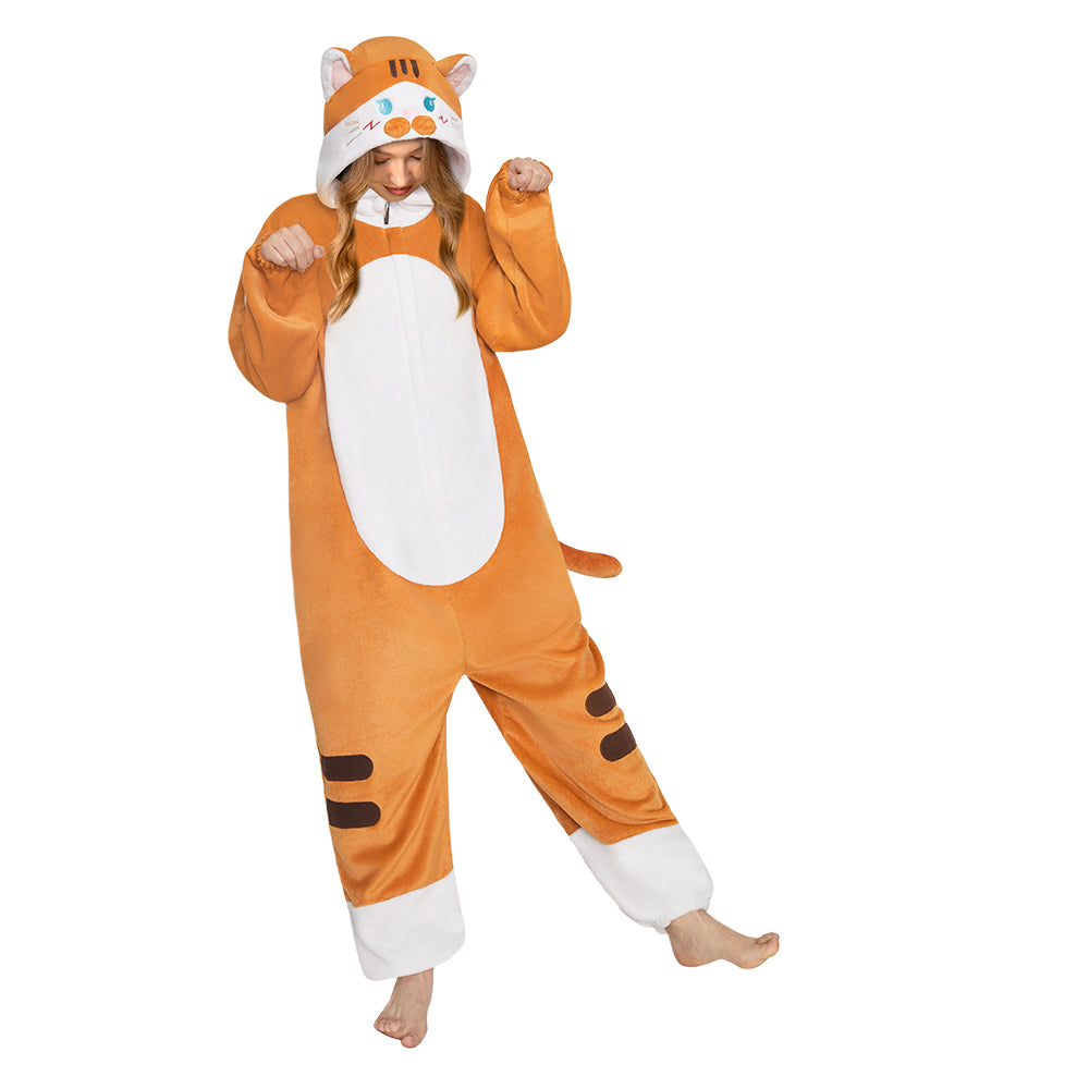 OLAOLA Orange Cat Animal Onesie ​Flannel ​Pajamas Plush Warm Home One Piece For Adult Unisex Halloween Costume