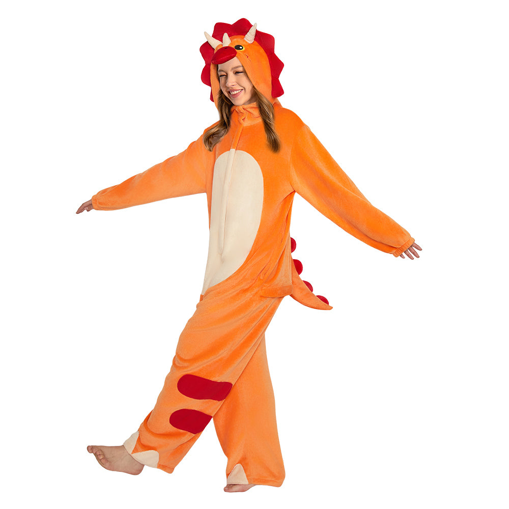 OLAOLA Orange Triceratops Pajamas Dinosaur Animals Onesie Plush Warm Home One Piece Adult Halloween Costume