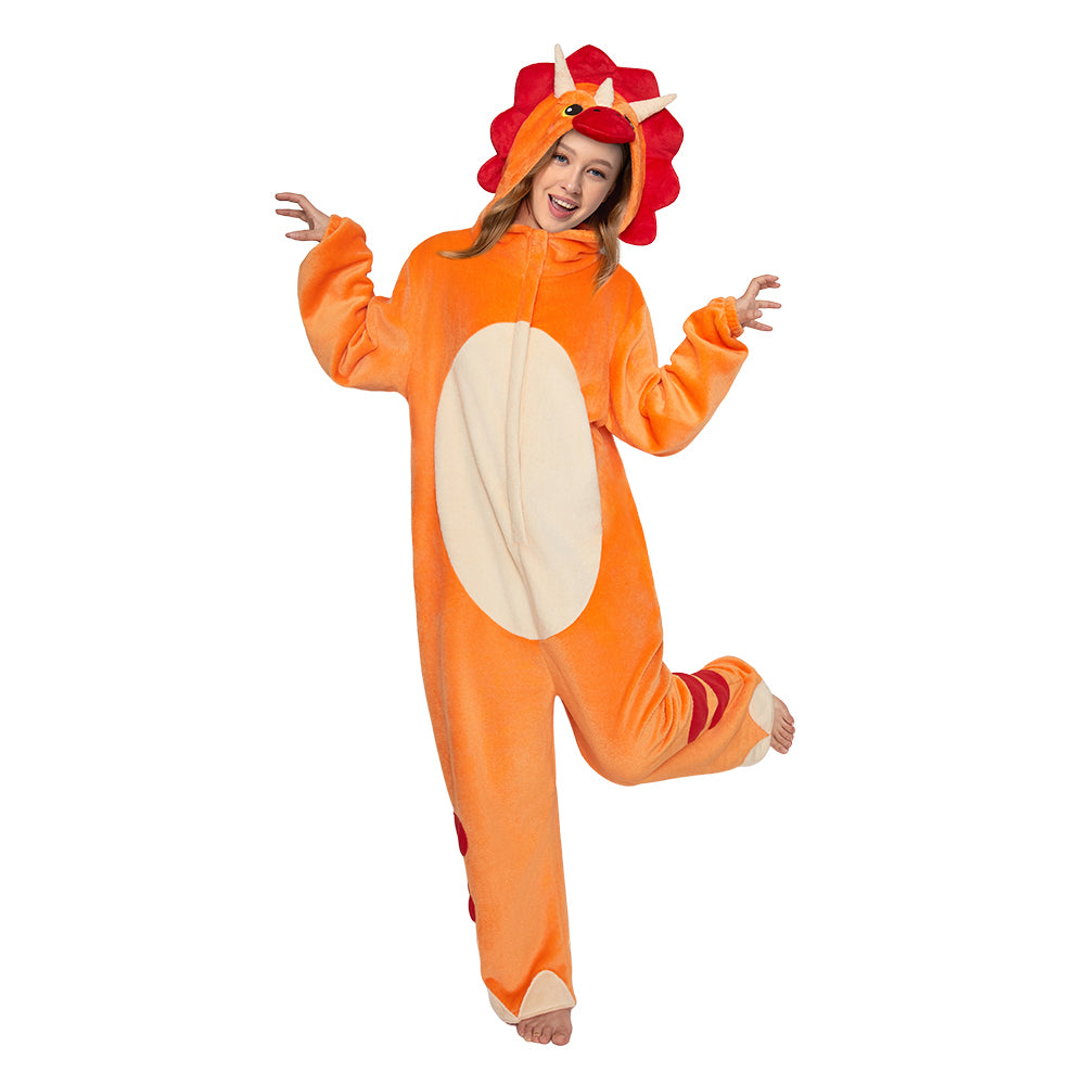 OLAOLA Orange Triceratops Pajamas Dinosaur Animals Onesie Plush Warm Home One Piece Adult Halloween Costume
