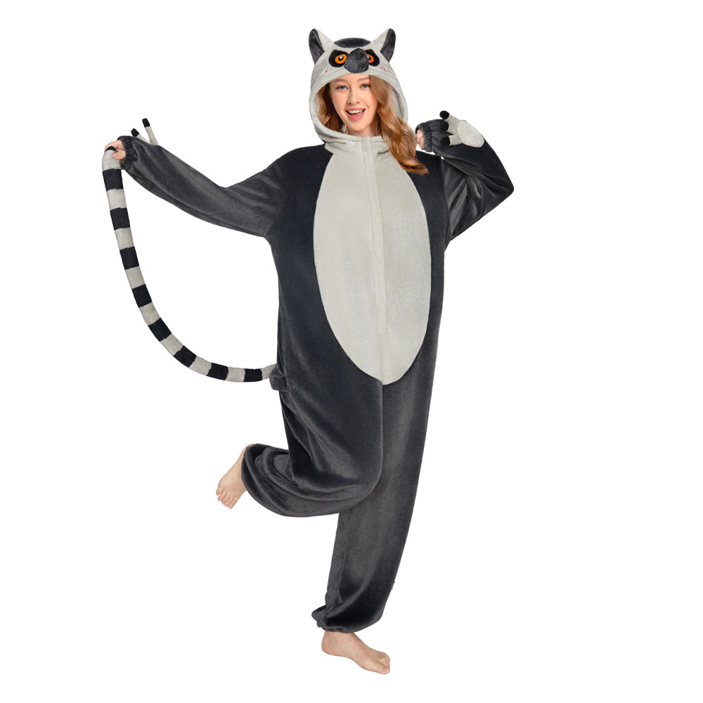 OLAOLA Ring-Tailed Lemur Pajamas Monkey Animals Onesie Plush Warm Home One Piece For Adult Unisex Halloween Costume