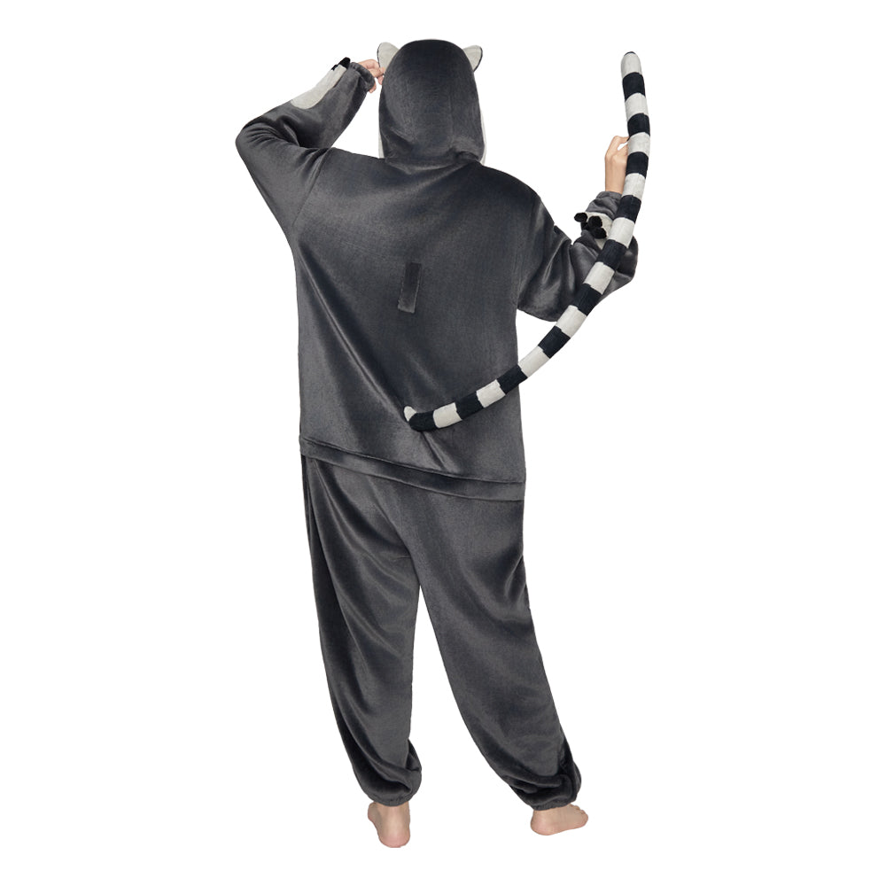 OLAOLA Ring-Tailed Lemur Pajamas Monkey Animals Onesie Plush Warm Home One Piece For Adult Unisex Halloween Costume