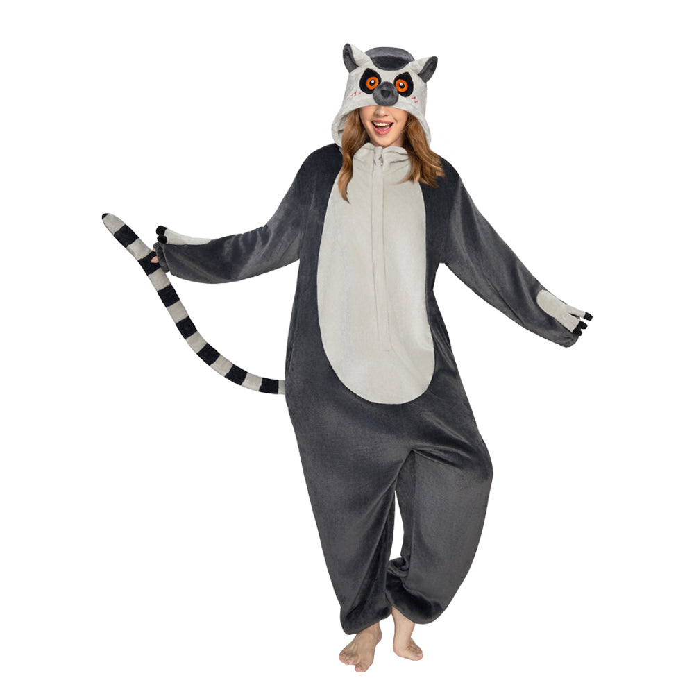 OLAOLA Ring-Tailed Lemur Pajamas Monkey Animals Onesie Plush Warm Home One Piece For Adult Unisex Halloween Costume