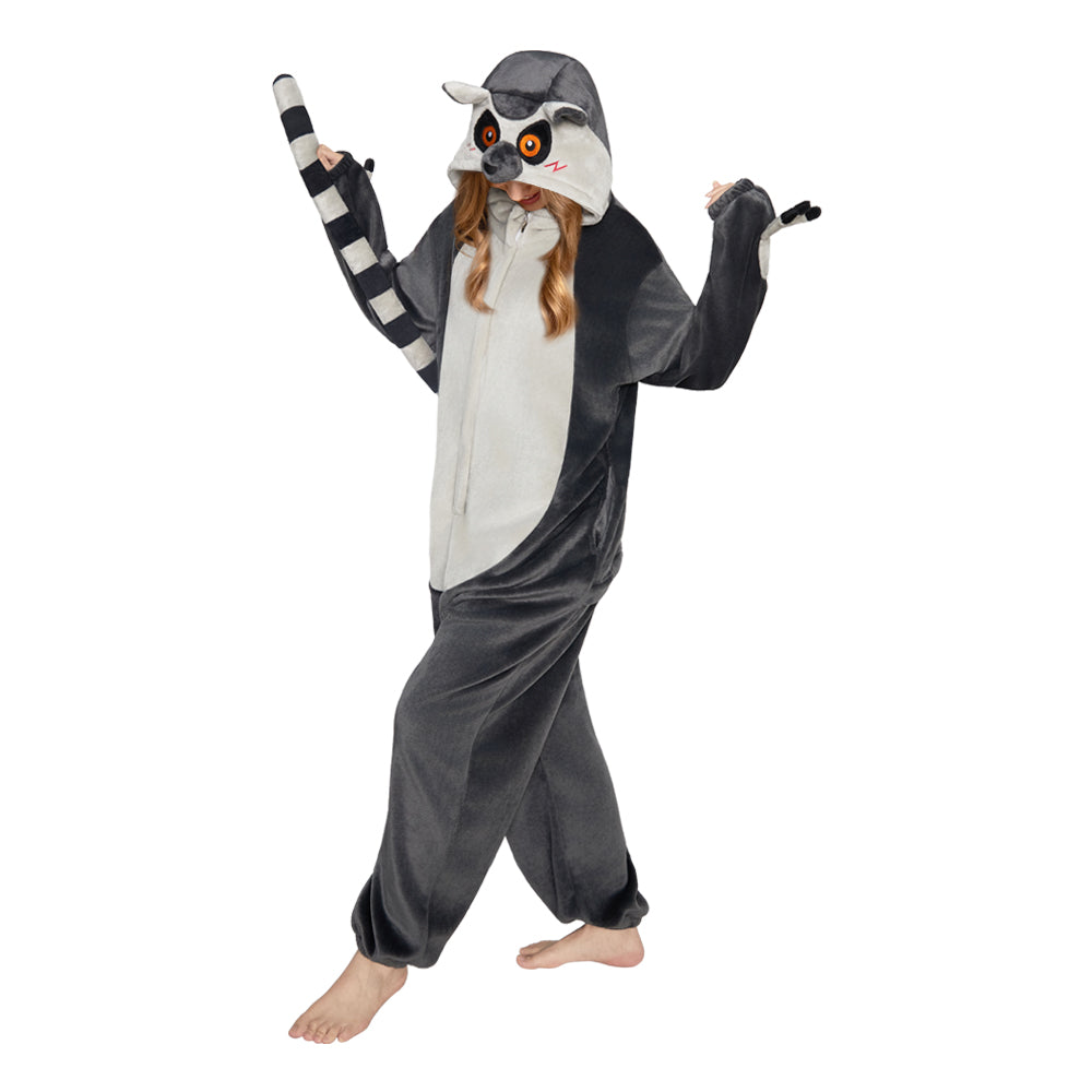 OLAOLA Ring-Tailed Lemur Pajamas Monkey Animals Onesie Plush Warm Home One Piece For Adult Unisex Halloween Costume
