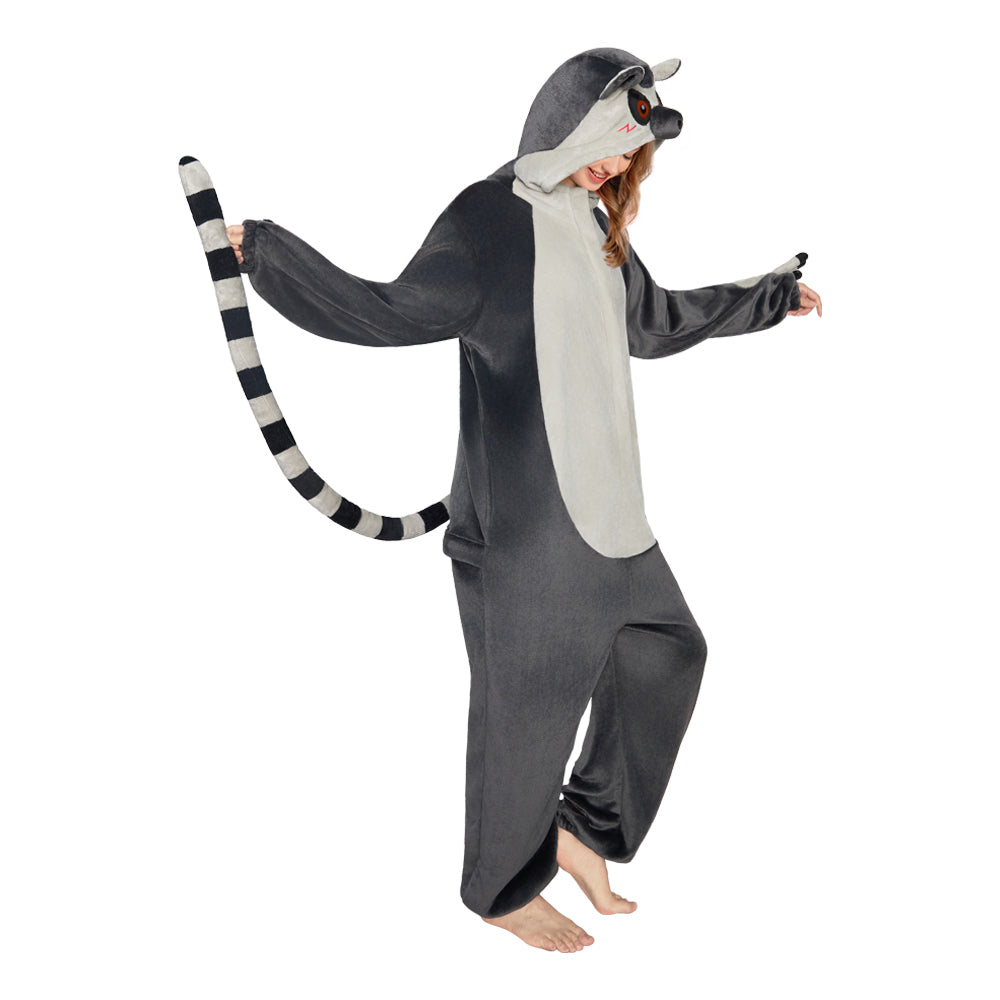 OLAOLA Ring-Tailed Lemur Pajamas Monkey Animals Onesie Plush Warm Home One Piece For Adult Unisex Halloween Costume